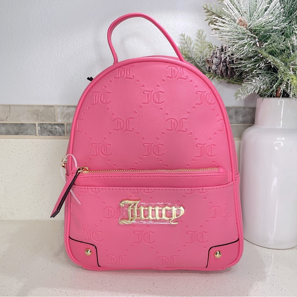 Juicy Couture Pink Embossed‎ Monogram Mini Backpack and Pouch Set Gold Hardware